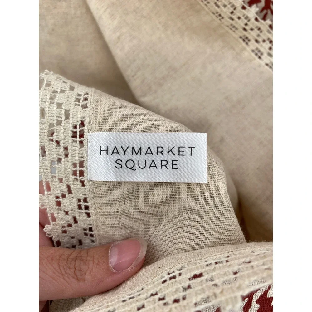 Haymarket Square Table Runner 16x80 Red Cream Floral Cotton Linen Crochet Lace